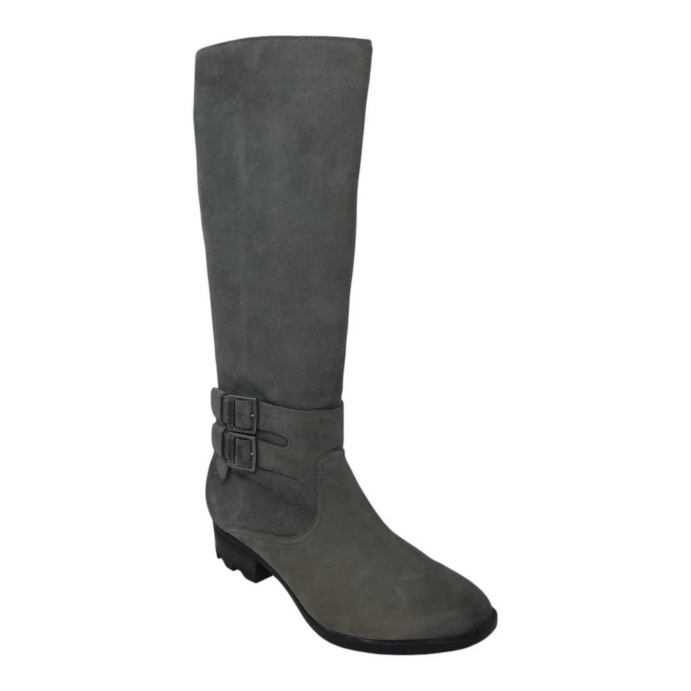 Sorel Emelie Tall Boot Women 8.5 Gray Leather Suede Waterproof Buckle